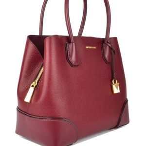 New Michael Kors Mercer Medium Gallery Pebbled Saffiano Leather Tote in Oxblood.